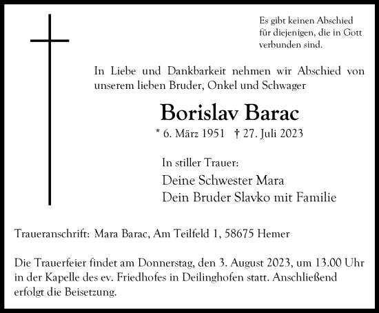 Traueranzeige von Borislav Barac von Tageszeitung