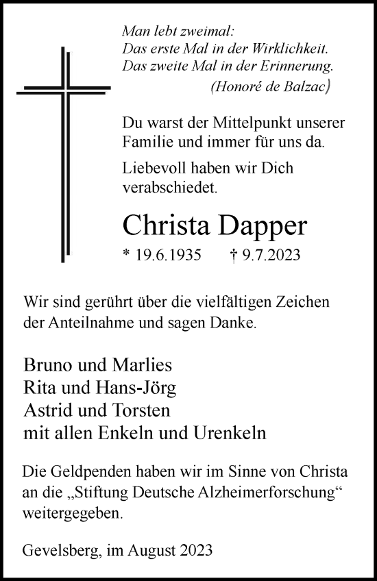 Traueranzeige von Christa Dapper von Tageszeitung