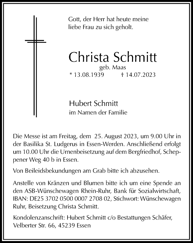  Traueranzeige für Christa Schmitt vom 18.08.2023 aus Tageszeitung