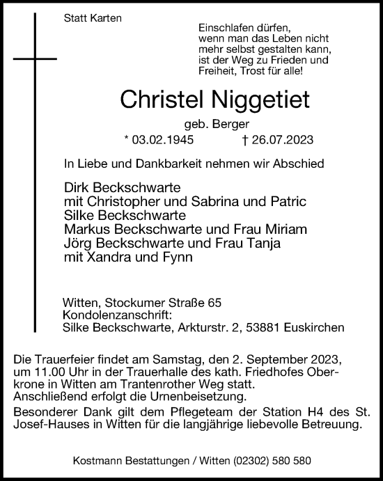 Traueranzeige von Christel Niggetiet von Tageszeitung