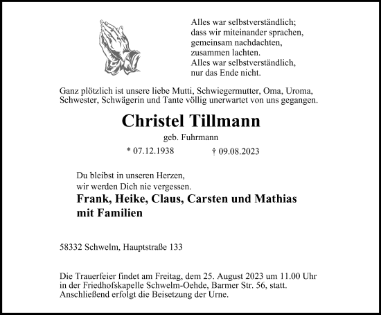 Traueranzeige von Christel Tillmann von Tageszeitung