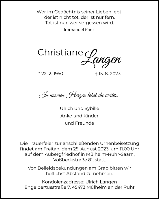Traueranzeige von Christiane Langen von Tageszeitung