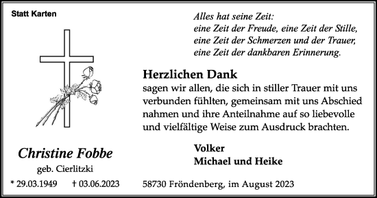 Traueranzeige von Christine Fobbe von Tageszeitung