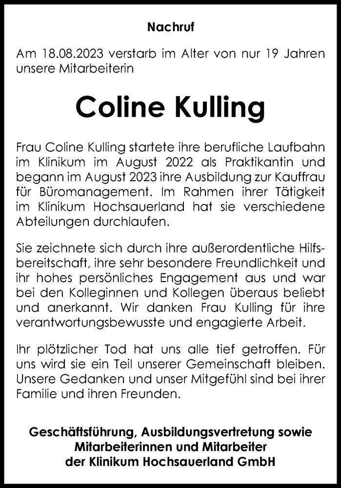  Traueranzeige für Coline Kulling vom 26.08.2023 aus Tageszeitung