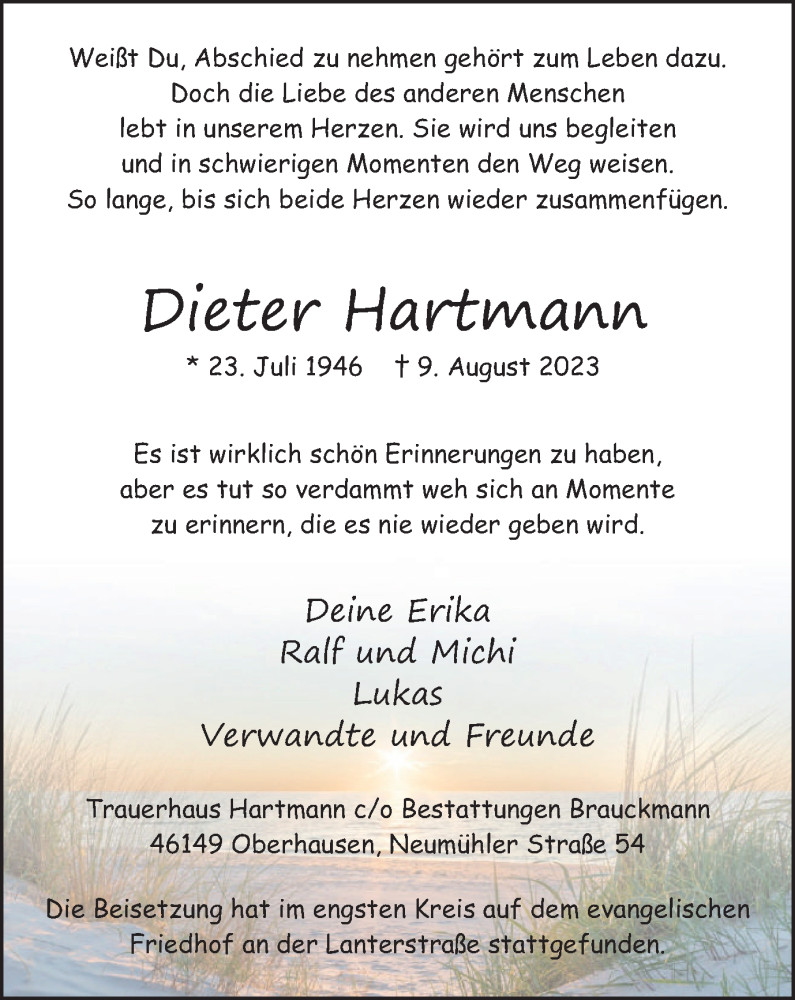  Traueranzeige für Dieter Hartmann vom 26.08.2023 aus Tageszeitung
