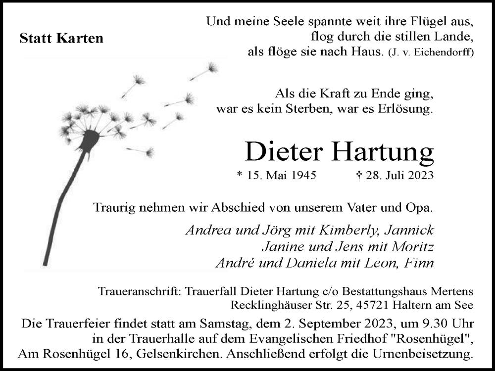  Traueranzeige für Dieter Hartung vom 05.08.2023 aus Tageszeitung