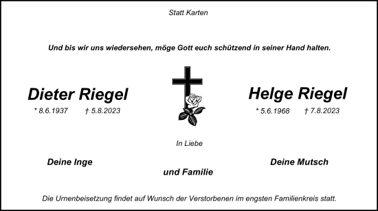 Traueranzeige von Dieter undHelge Riegel von Tageszeitung