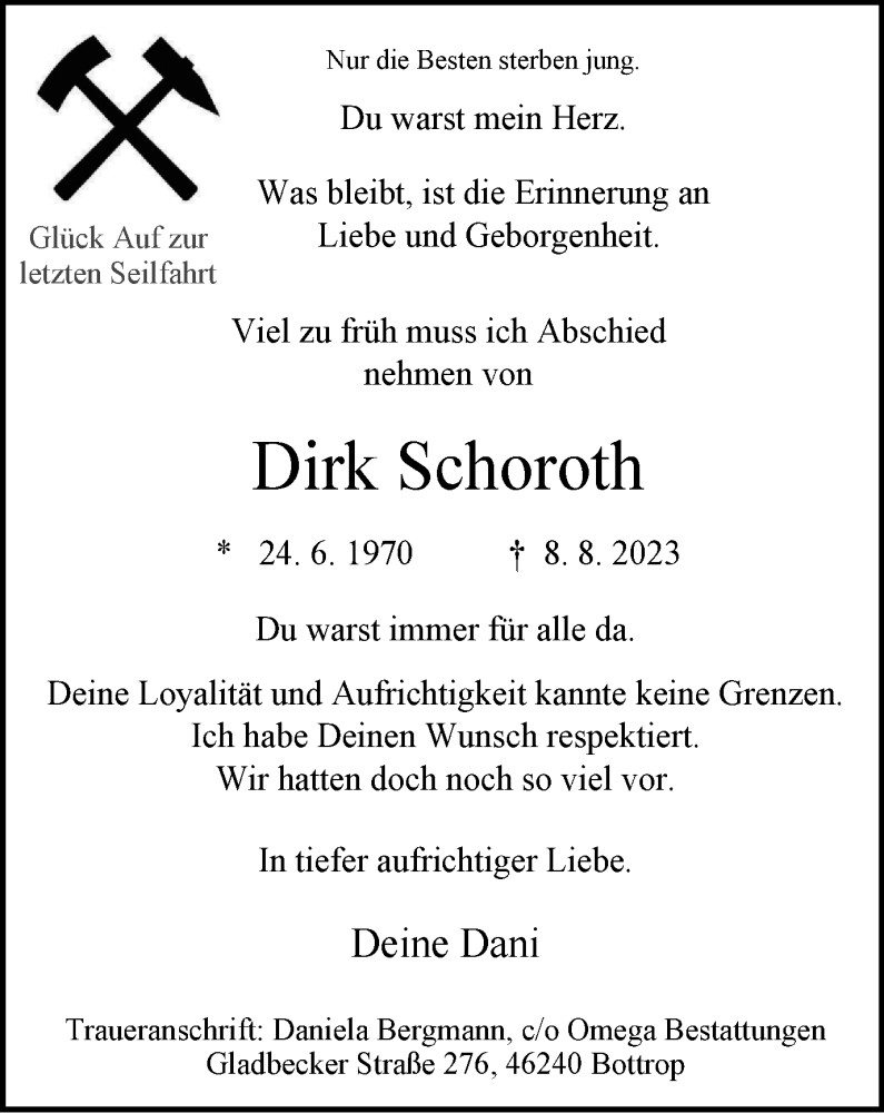  Traueranzeige für Dirk Schoroth vom 19.08.2023 aus Tageszeitung