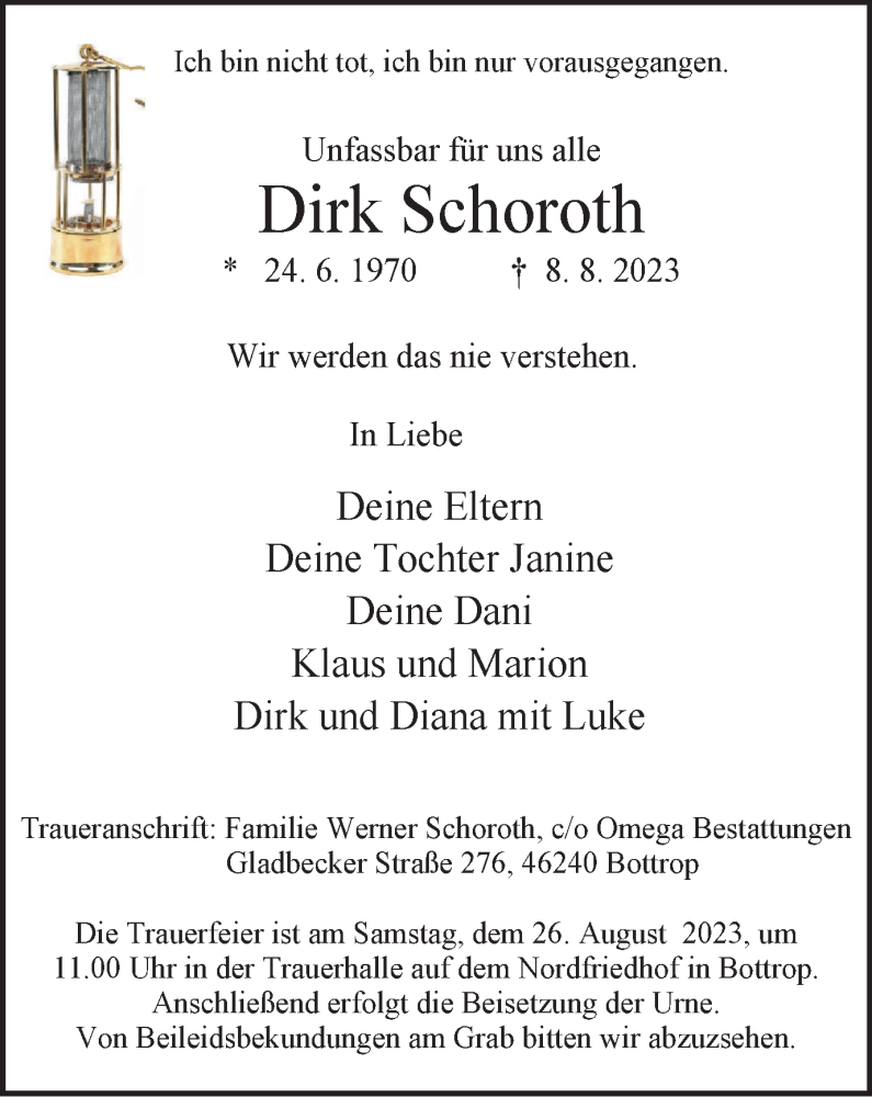  Traueranzeige für Dirk Schoroth vom 19.08.2023 aus Tageszeitung