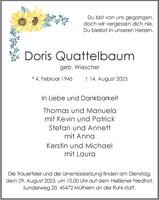 Traueranzeige von Doris Quattelbaum von Tageszeitung