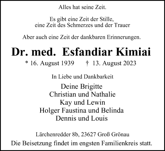 Traueranzeige von Dr. med. Esfandiar Kimiai von Tageszeitung