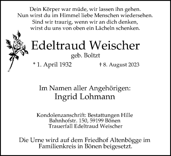 Traueranzeige von Edeltraud Weischer von Tageszeitung