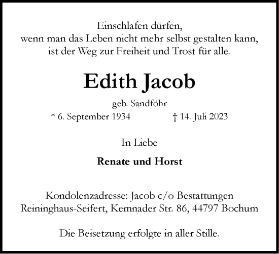 Traueranzeige von Edith Jacob von Tageszeitung