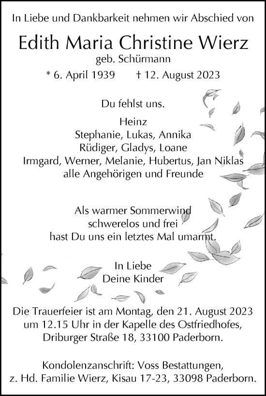 Traueranzeige von Edith Maria Christine Wierz von Tageszeitung
