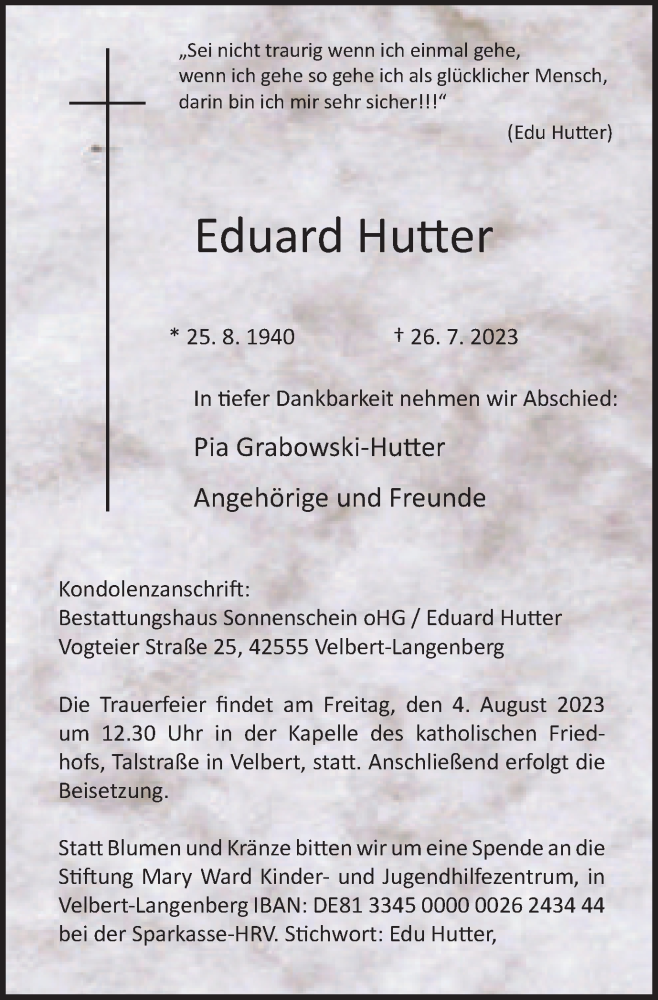  Traueranzeige für Eduard Hutter vom 02.08.2023 aus Tageszeitung