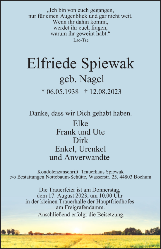 Traueranzeige von Elfriede Spiewak von Tageszeitung
