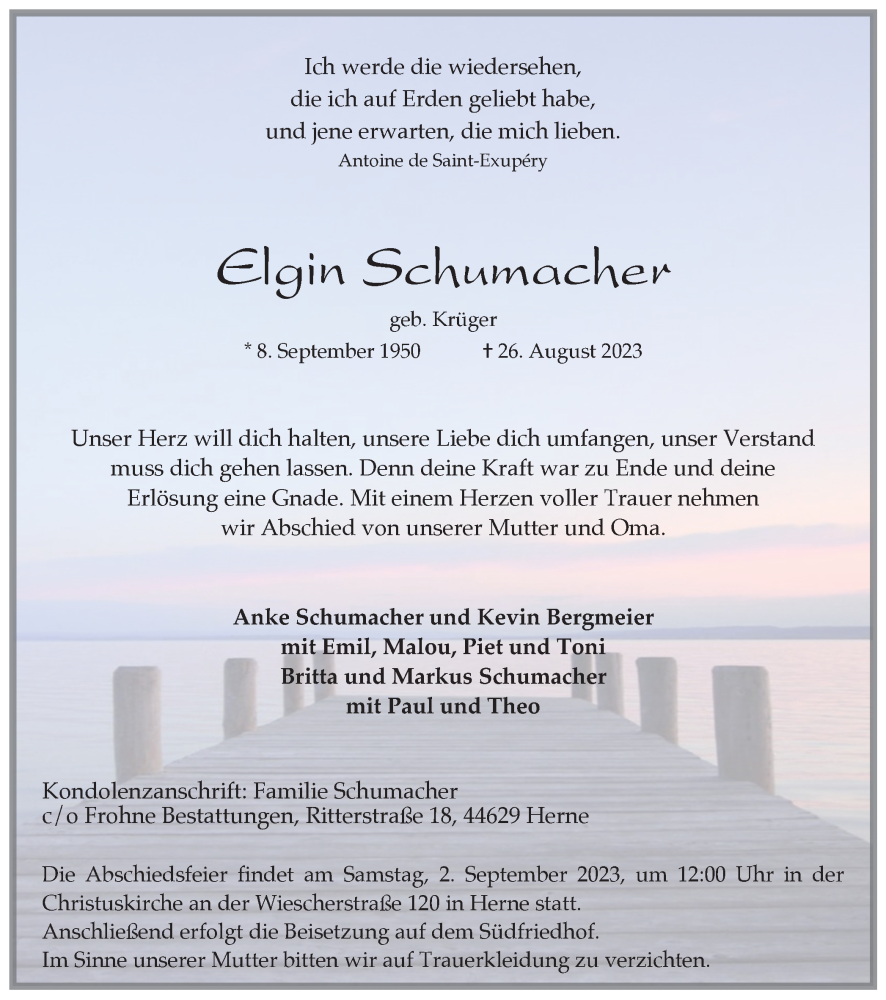  Traueranzeige für Elgin Schumacher vom 31.08.2023 aus Tageszeitung