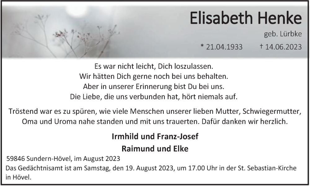  Traueranzeige für Elisabeth Henke vom 05.08.2023 aus Tageszeitung