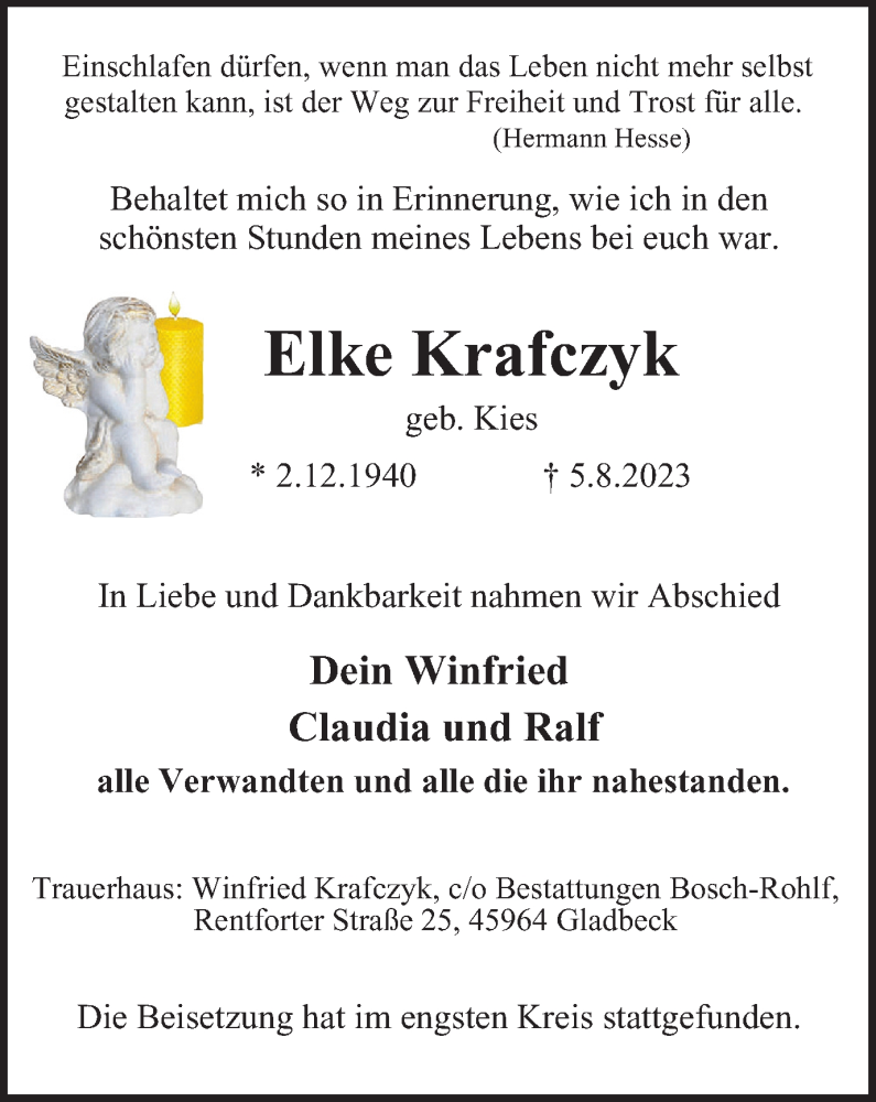  Traueranzeige für Elke Krafczyk vom 19.08.2023 aus Tageszeitung