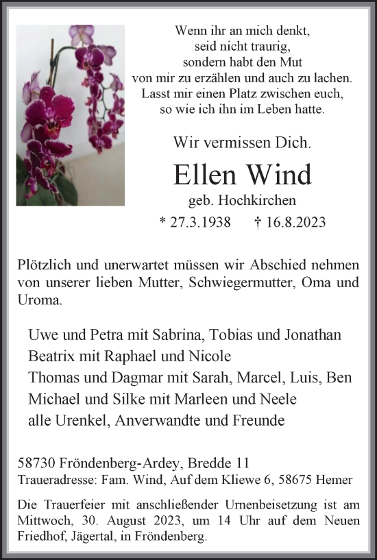 Traueranzeige von Ellen Wind von Tageszeitung