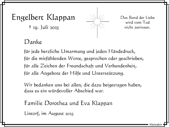 Traueranzeige von Engelbert Klappan von Tageszeitung