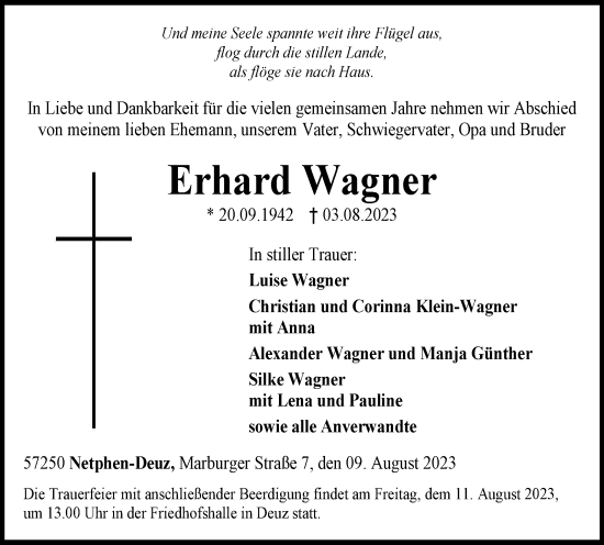 Traueranzeige von Erhard Wagner von Tageszeitung