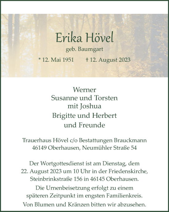 Traueranzeige von Erika Hövel von Tageszeitung
