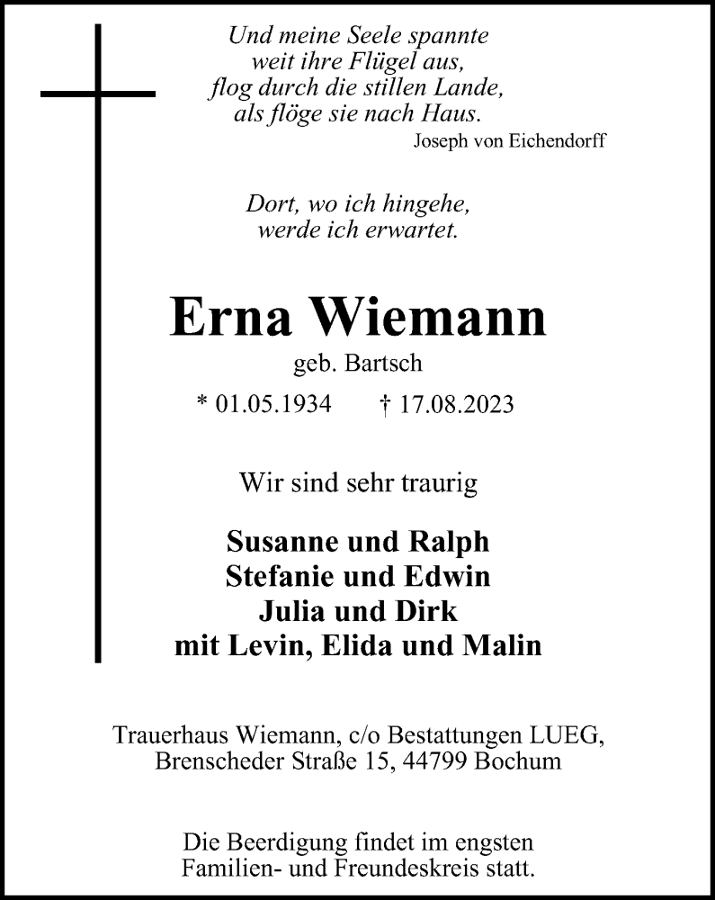  Traueranzeige für Erna Wiemann vom 23.08.2023 aus Tageszeitung