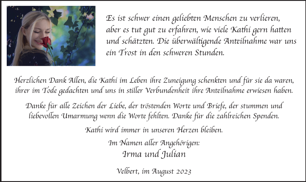  Traueranzeige für Es ist schwer einen geliebten Menschen zu verlieren  vom 19.08.2023 aus Tageszeitung