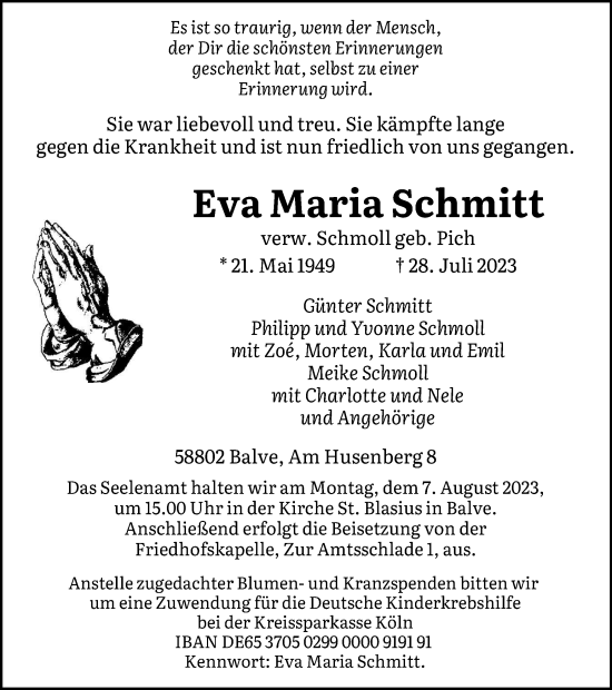 Traueranzeige von Eva Maria Schmitt von Tageszeitung