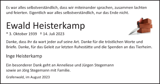 Traueranzeige von Ewald Heisterkamp von Tageszeitung
