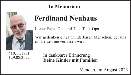 Traueranzeige von Ferdinand Neuhaus von Tageszeitung