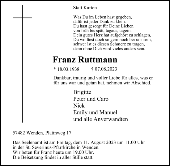 Traueranzeige von Franz Ruttmann von Tageszeitung