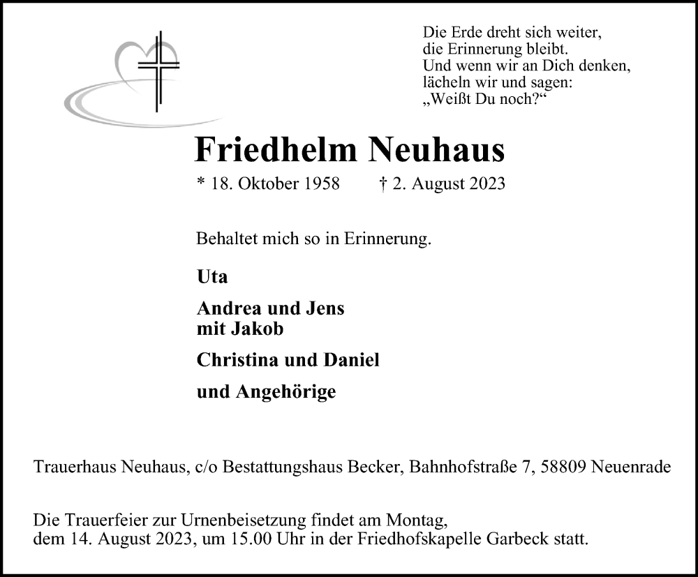  Traueranzeige für Friedhelm Neuhaus vom 09.08.2023 aus Tageszeitung