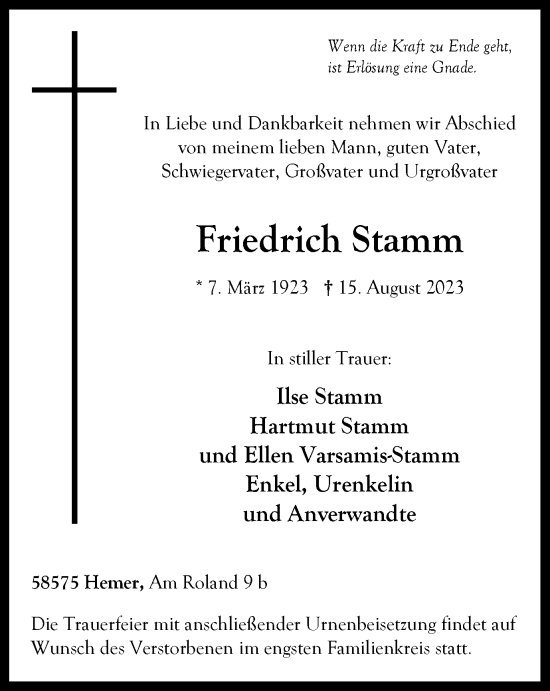 Traueranzeige von Friedrich Stamm von Tageszeitung