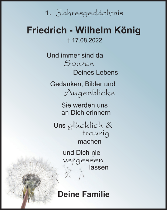 Traueranzeige von Friedrich-Wilhelm König von Tageszeitung