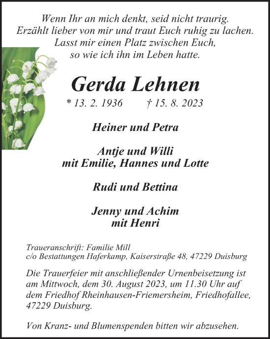 Traueranzeige von Gerda Lehnen von Tageszeitung