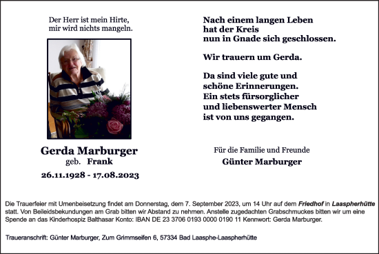 Traueranzeige von Gerda Marburger von Tageszeitung