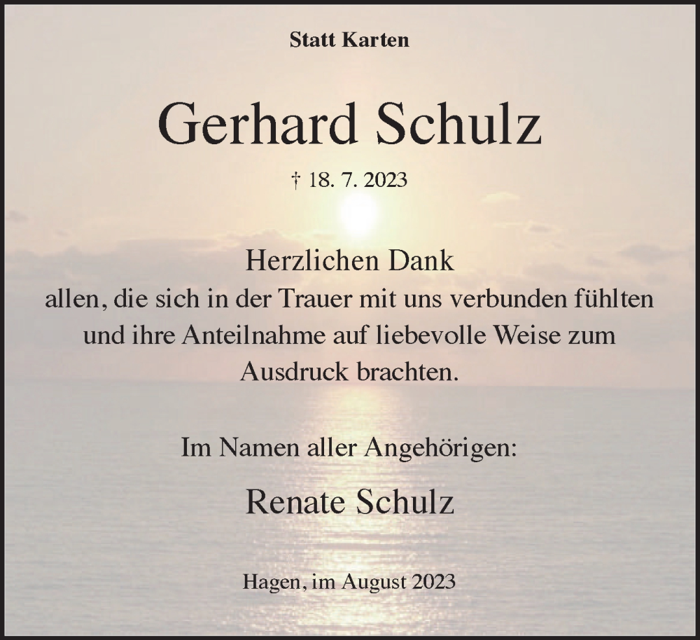  Traueranzeige für Gerhard Schulz vom 26.08.2023 aus Tageszeitung