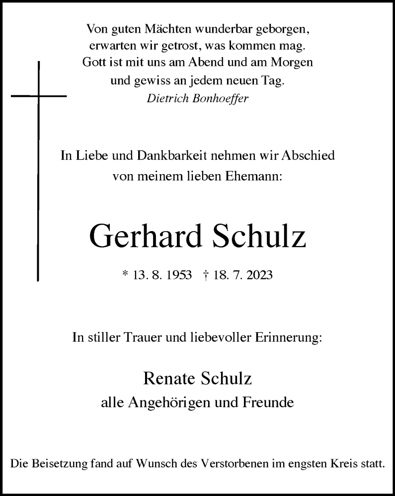  Traueranzeige für Gerhard Schulz vom 05.08.2023 aus Tageszeitung