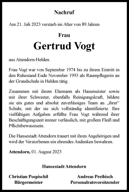 Traueranzeige von Gertrud Vogt von Tageszeitung