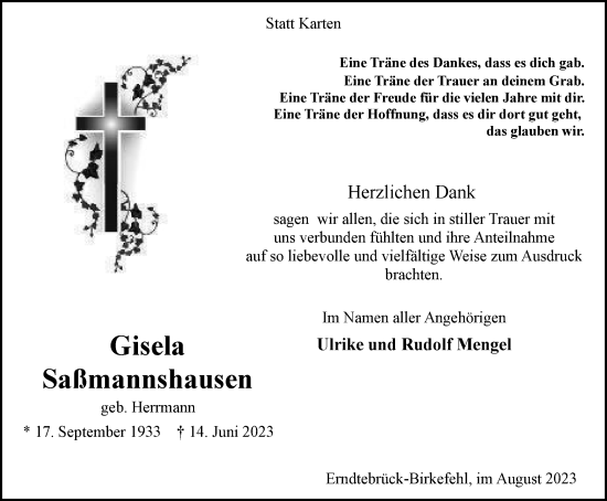 Traueranzeige von Gisela Saßmannshausen von Tageszeitung