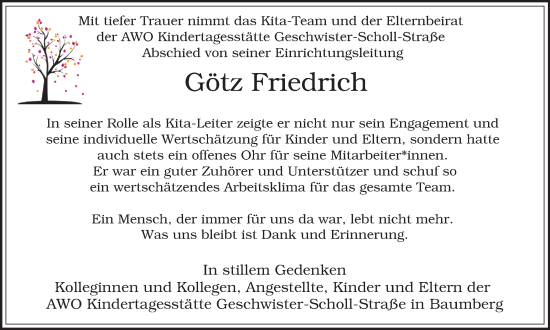 Traueranzeige von Götz Friedrich von Tageszeitung