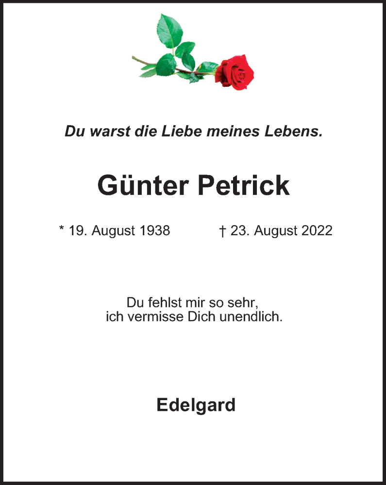  Traueranzeige für Günter Petrick vom 23.08.2023 aus Tageszeitung