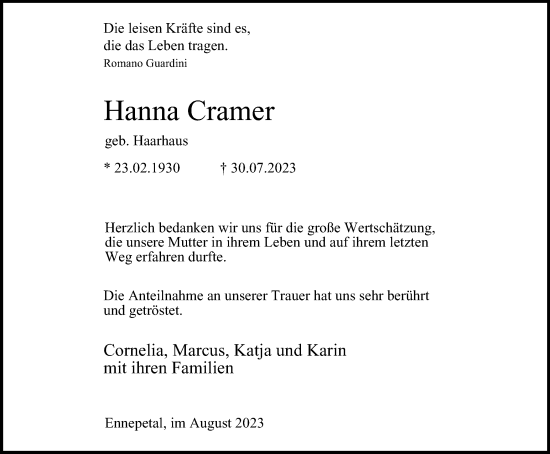 Traueranzeige von Hanna Cramer von Tageszeitung