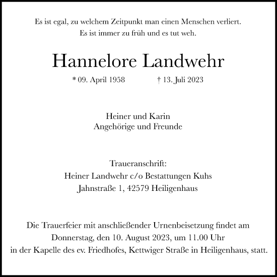 Traueranzeige von Hannelore Landwehr von Tageszeitung