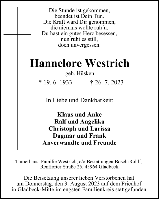 Traueranzeige von Hannelore Westrich von Tageszeitung