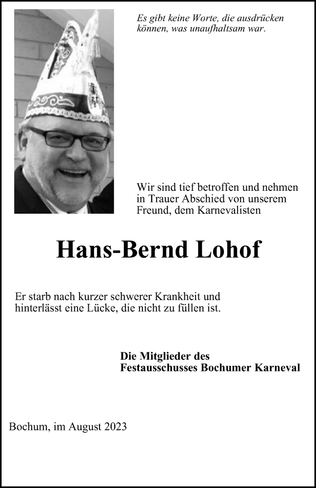  Traueranzeige für Hans-Bernd Lohof vom 31.08.2023 aus Tageszeitung