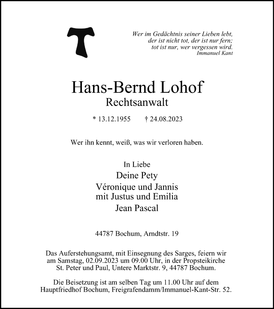  Traueranzeige für Hans-Bernd Lohof vom 30.08.2023 aus Tageszeitung