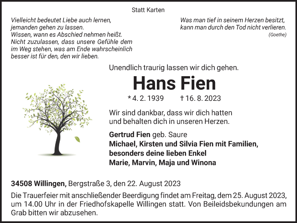  Traueranzeige für Hans Fien vom 23.08.2023 aus Tageszeitung